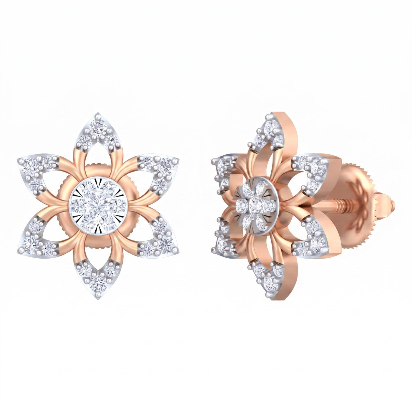 Rose gold and diamond stud earring with floral-shaped on a white background.