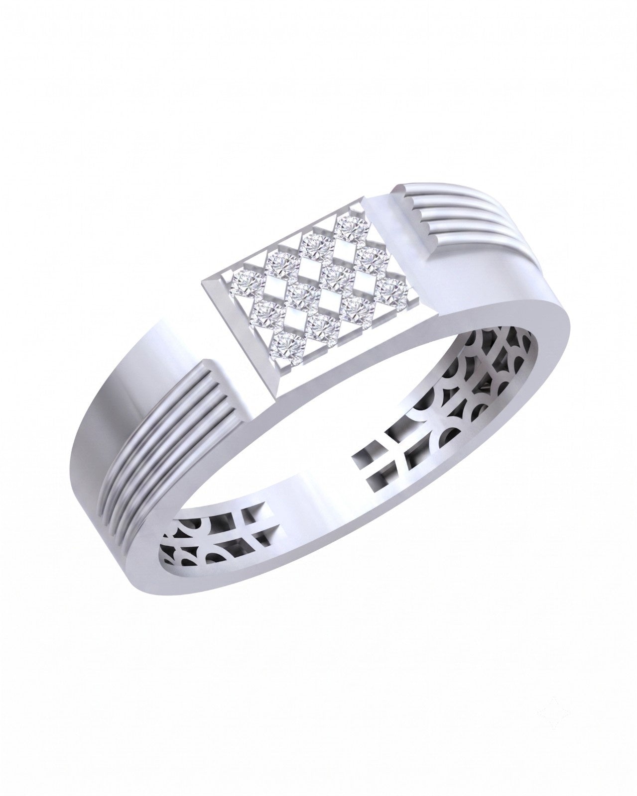 A white gold and diamond ring featuring a central diamond-patterned bezel set on a white background.