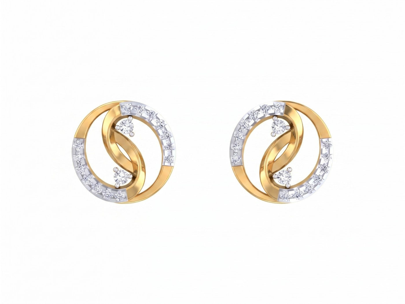 Pair of yellow gold and diamond earrings on a white background