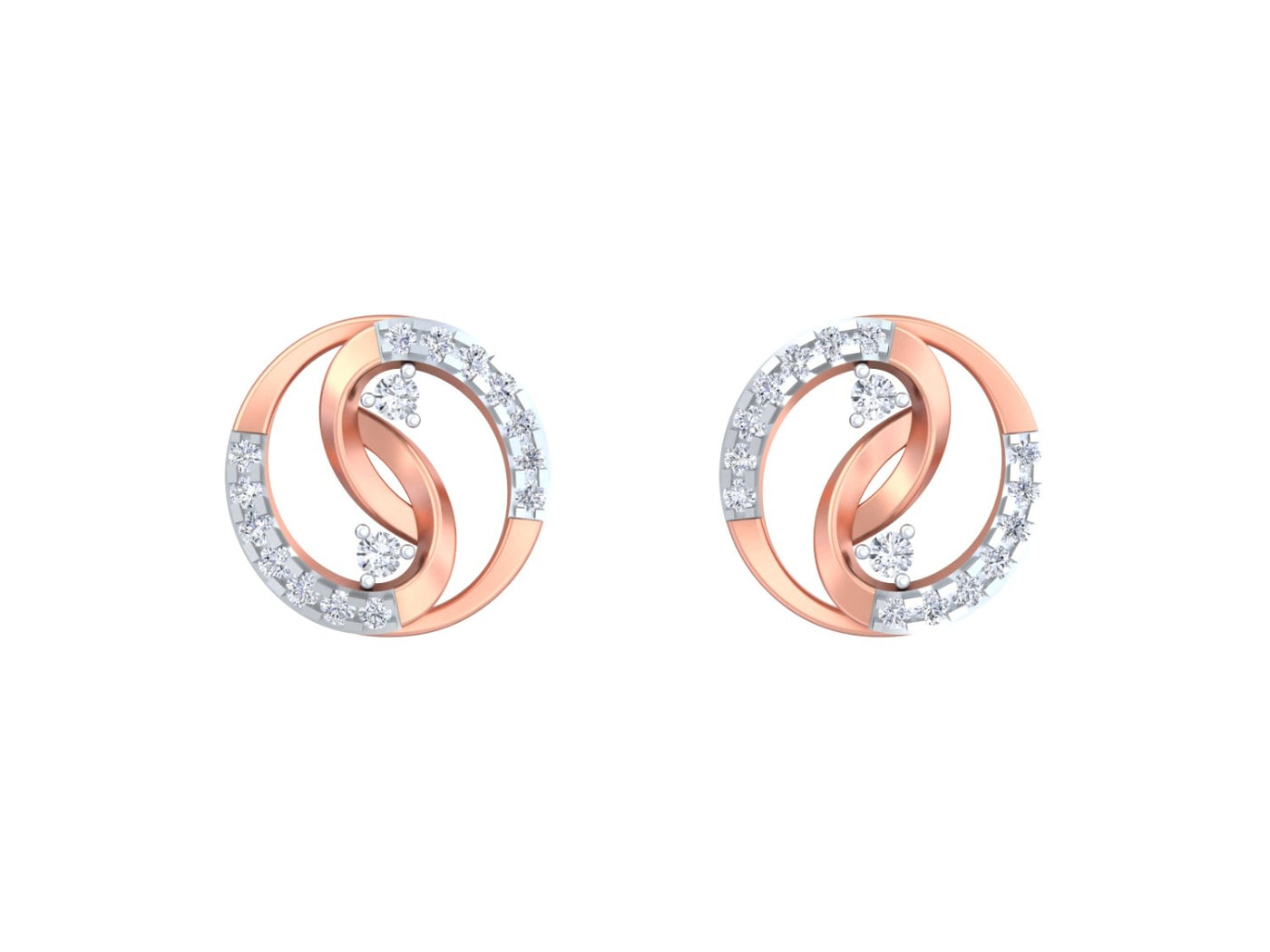 A pair of rose gold and diamond stud earrings with clear pavé-set round diamonds, featuring an interlocking circular on a plain white background.