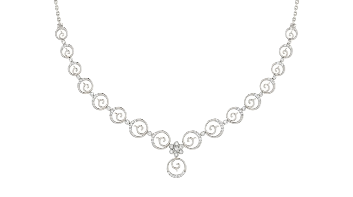 White gold and diamond necklace with circular and spiral designs on a white background