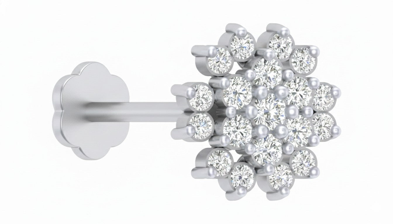 white gold and diamond stud nose pin with clear stones on a white background