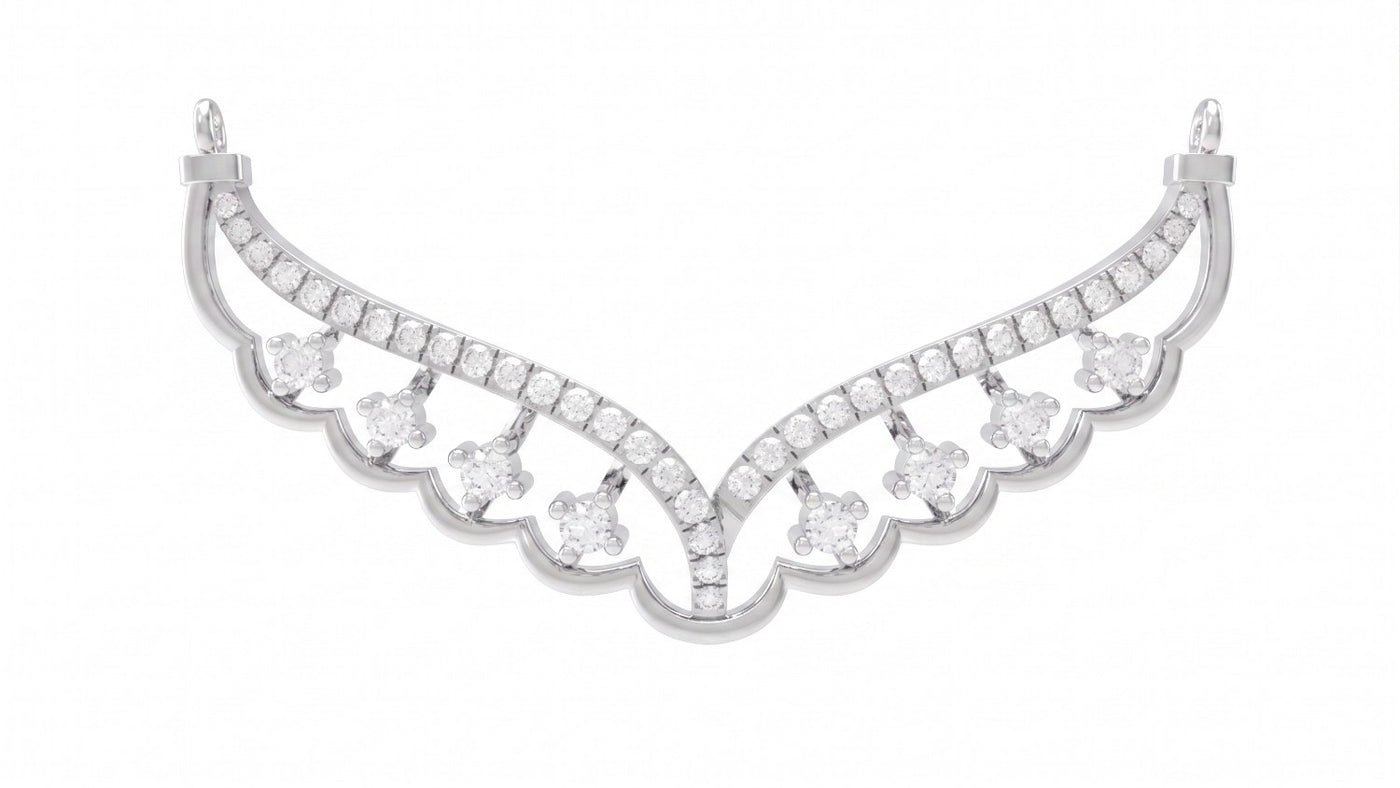 white gold and diamond mangalsutra with a clear stones and dangling floral motifs, shown on a plain white background.
