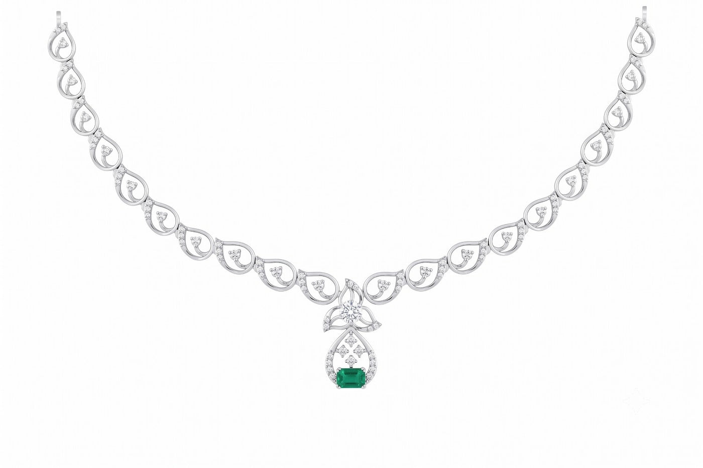 A white gold and diamond necklace with a teardrop-shaped green emerald pendant, displayed on a clean white background.