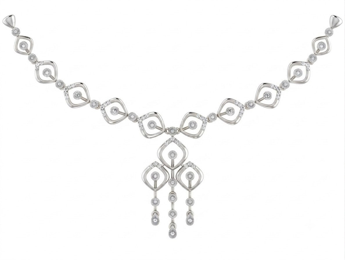 A white gold and diamond necklace with a geometric style design, featuring a central motif and dangling elements, shown on a plain white background.