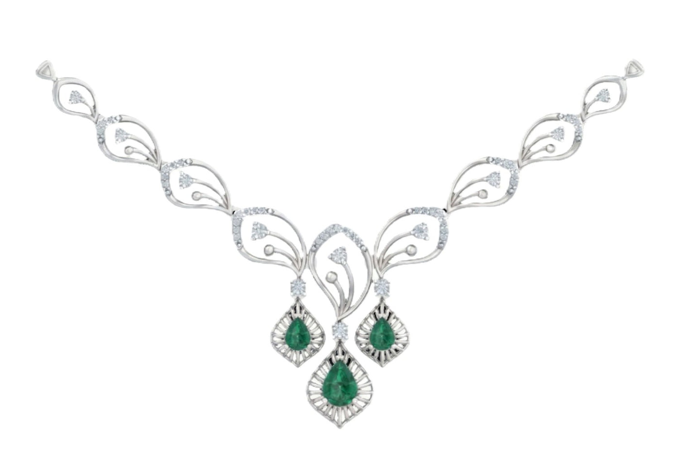 white Gold and diamond necklace with three green emerald-cut teardrop pendants.