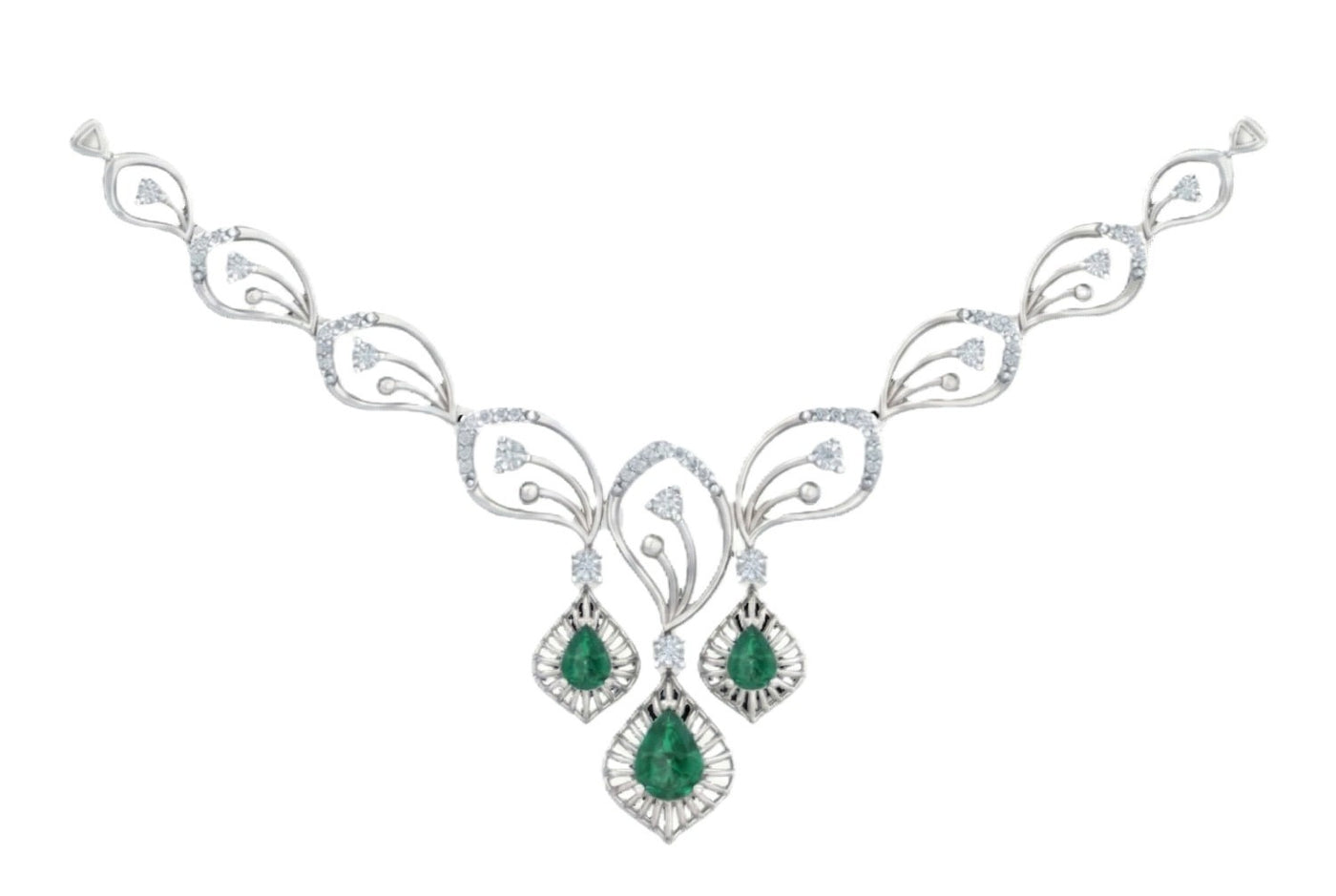 White gold and diamond necklace with three green emerald-cut teardrop gemstone.