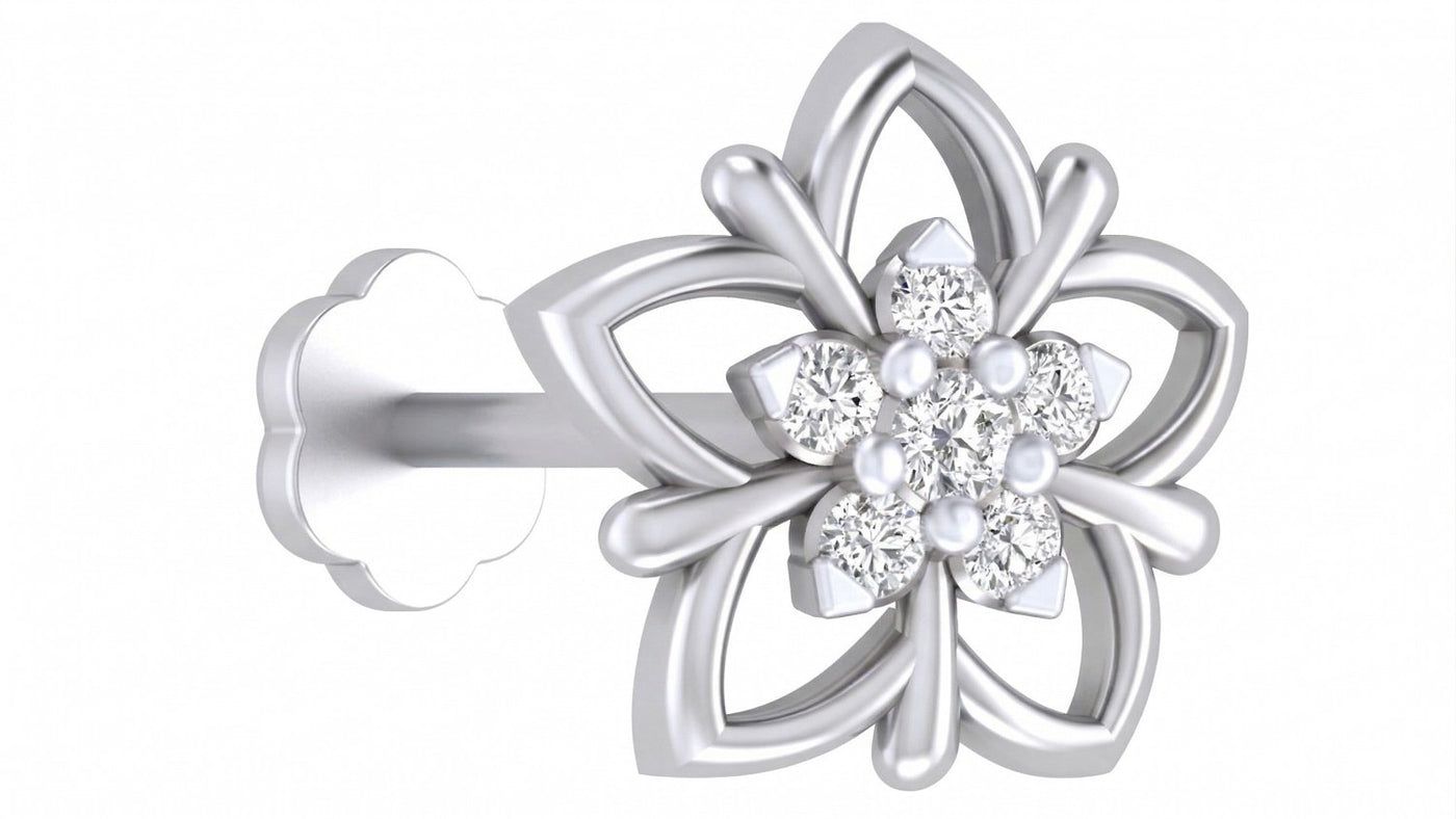 White gold and diamond stud nose pin with clear gemstones on a white background