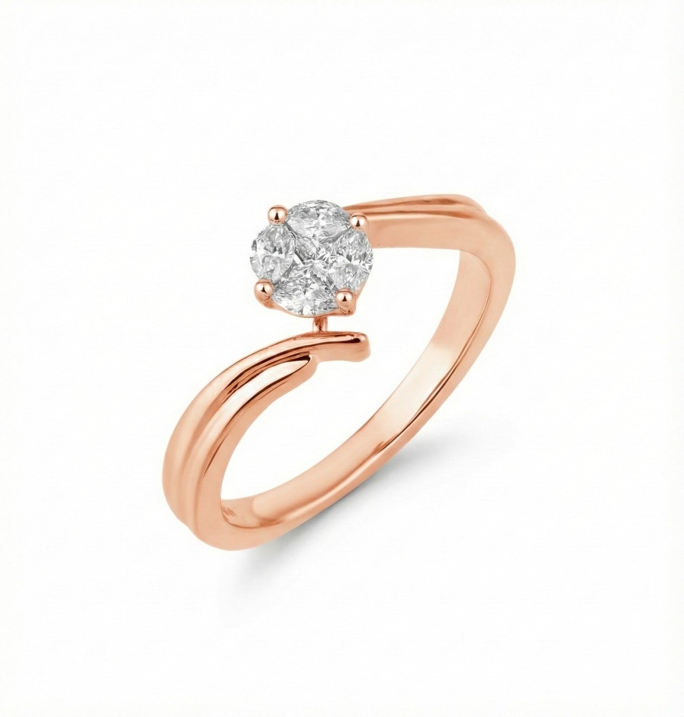 Rose gold ring with a diamond on a white background