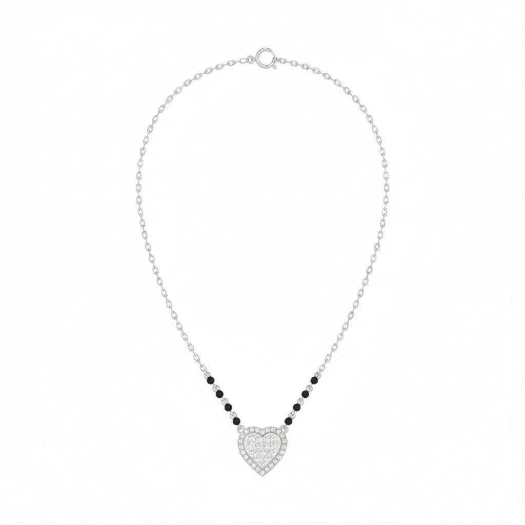 white gold and diamond mangalsutra with a heart-shaped on a white background