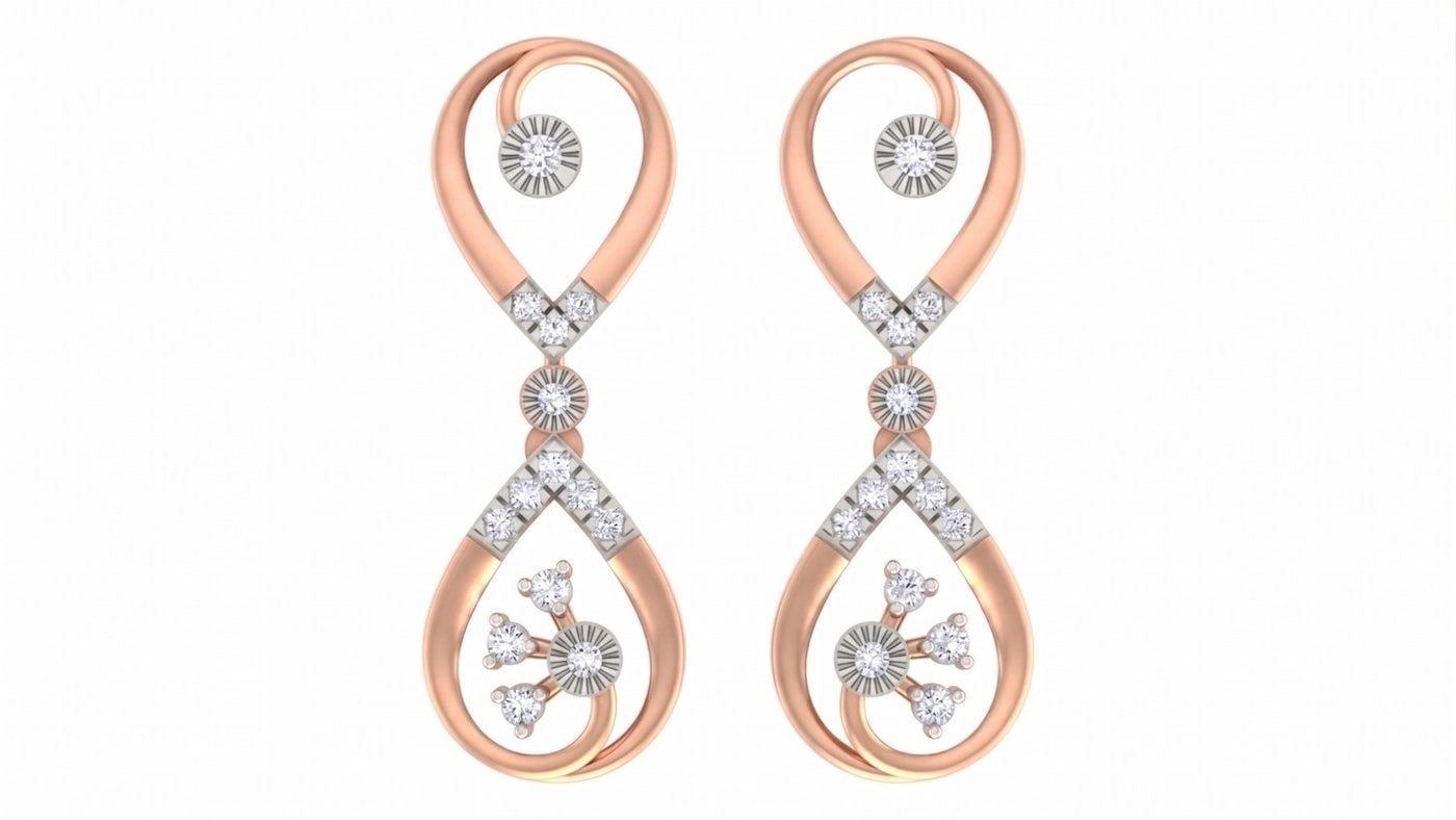 Rose gold and diamond drop earrings on a white background.