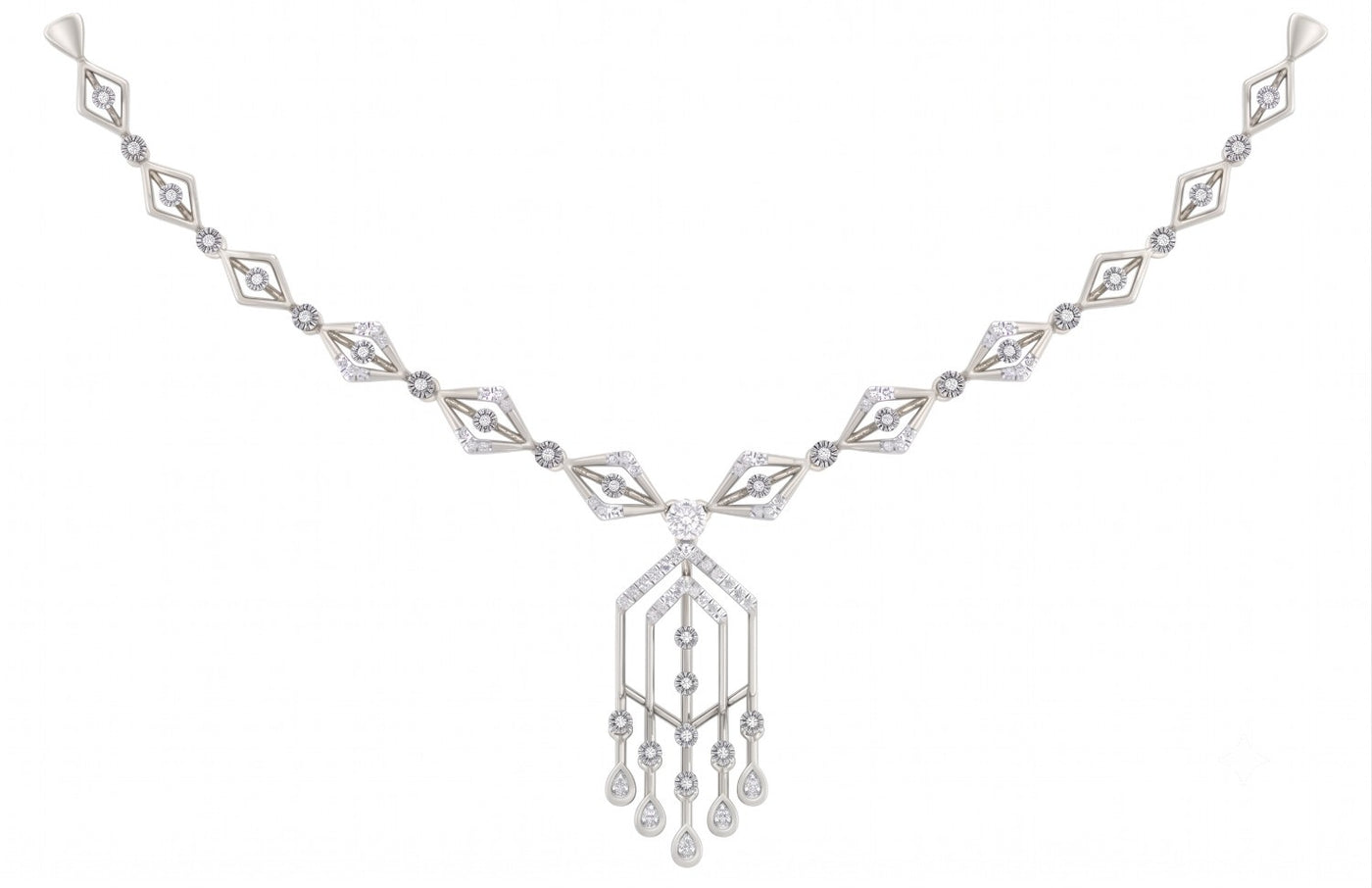 A white gold and diamond necklace with a geometric design, featuring a dangling teardrop-shaped, set against a plain white background.