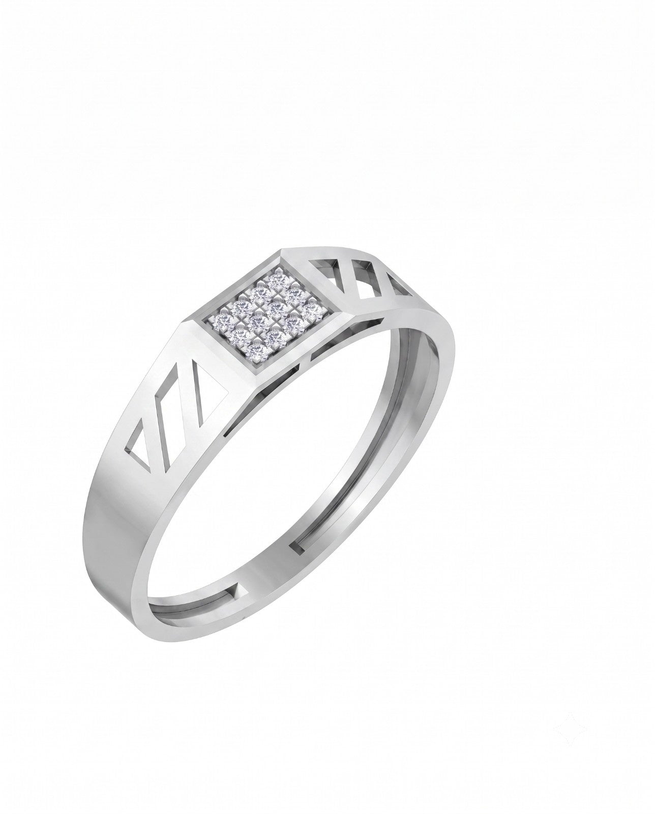 A white gold ring with a geometric openwork band and a square diamond center, shown on a plain white background.