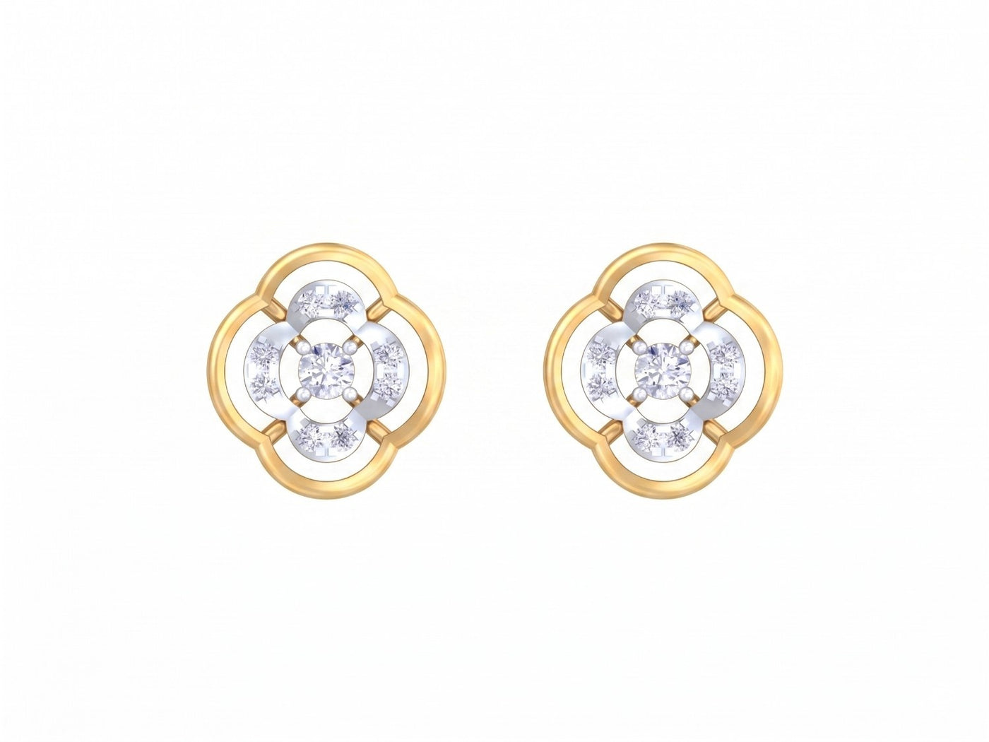 Yellow gold and diamond floral stud earrings on a white background