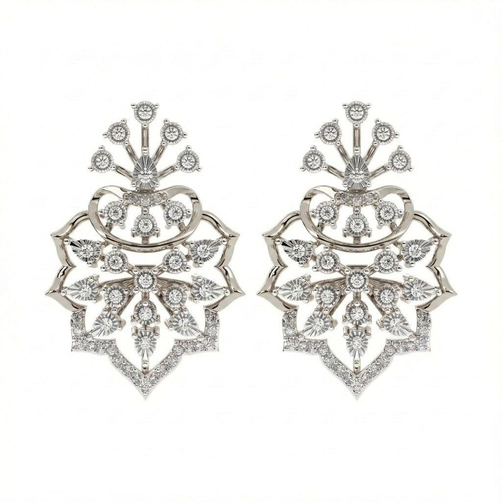 A pair of 14K white gold earrings with intricate designs and attached diamond accents.