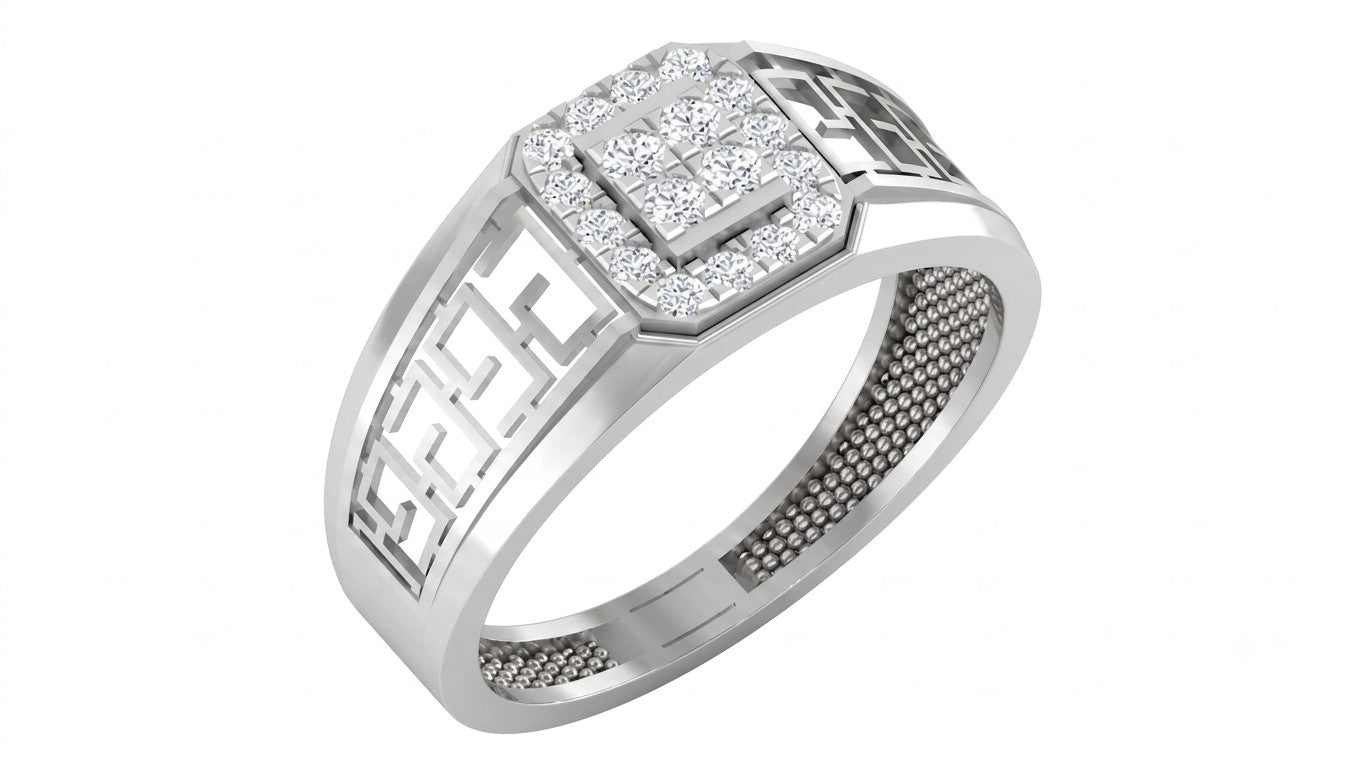 A men's white gold ring with a square diamond cluster setting, featuring a central diamond on a white background.