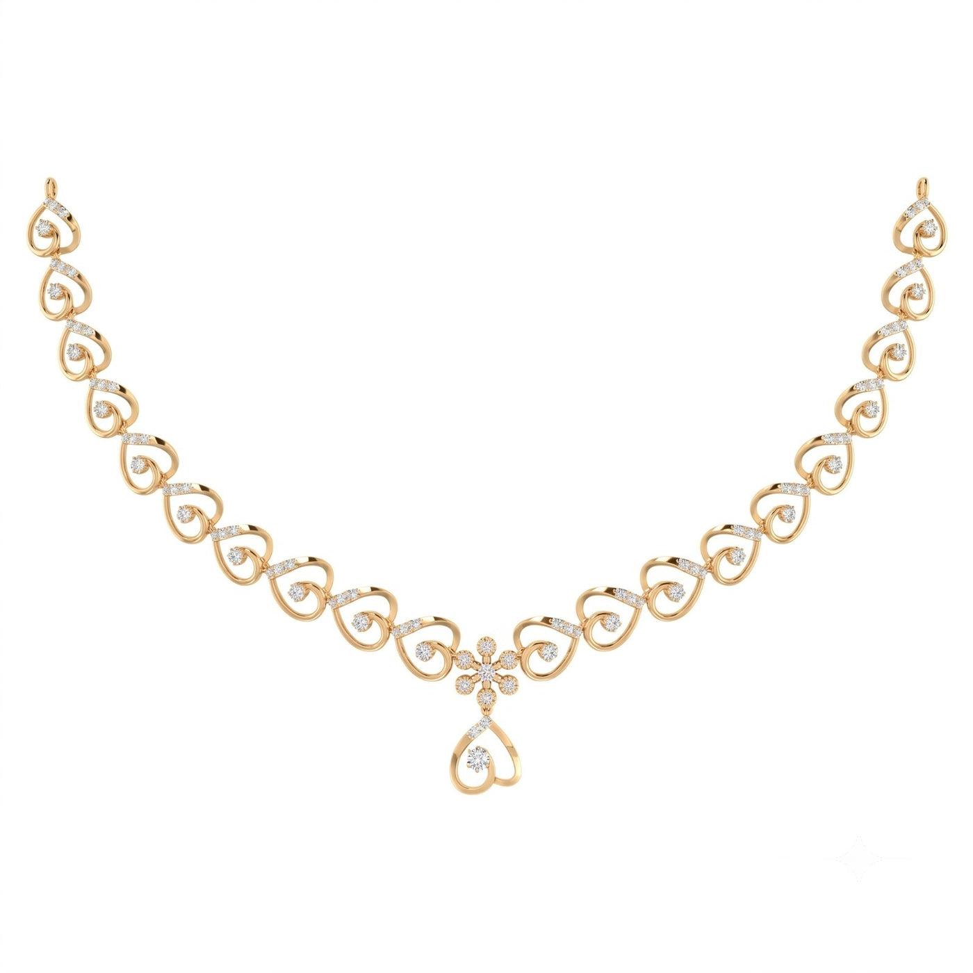 A yellow gold necklace featuring a repeating heart-shaped link pattern, a central floral motif, shown on a plain white background.