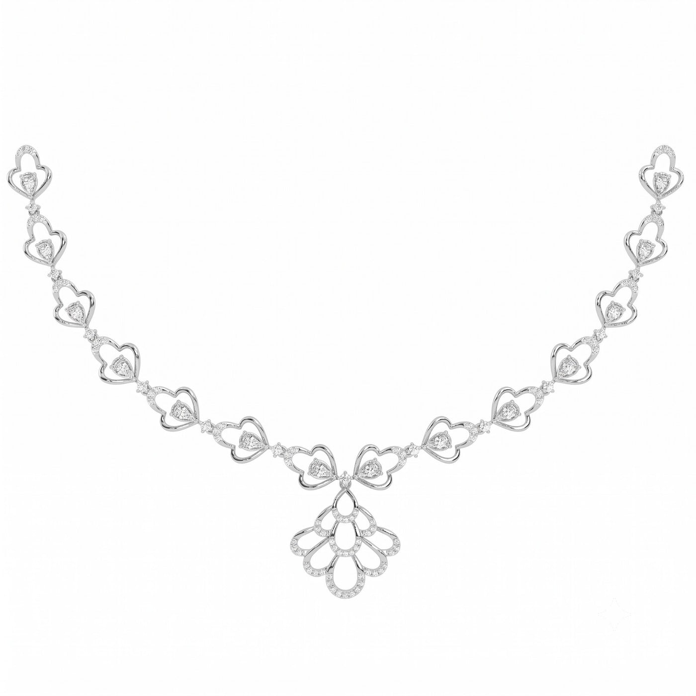 A white gold and diamond necklace, featuring a floral design on a plain white background.