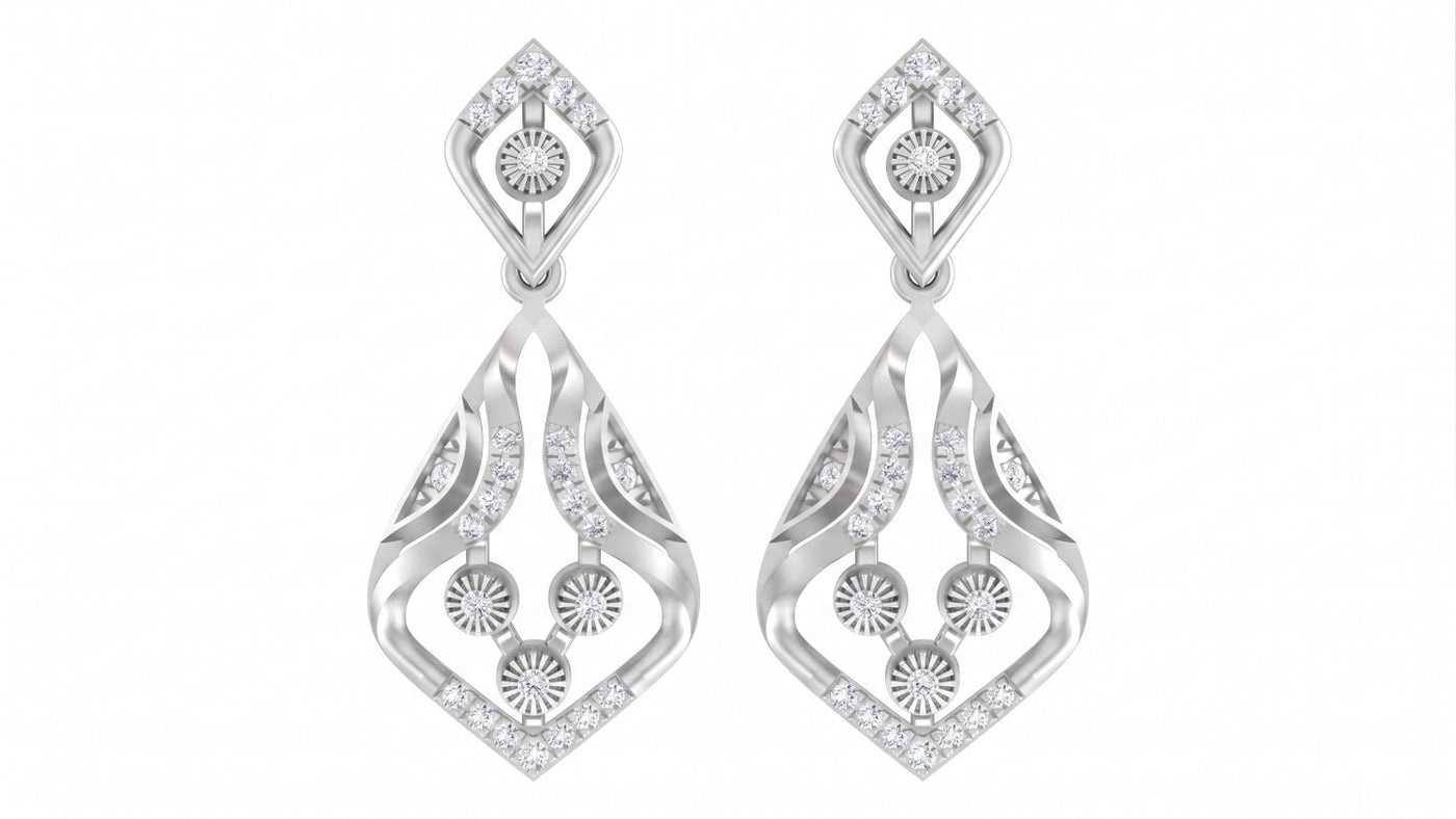 White gold and diamond drop earring on a white background.
