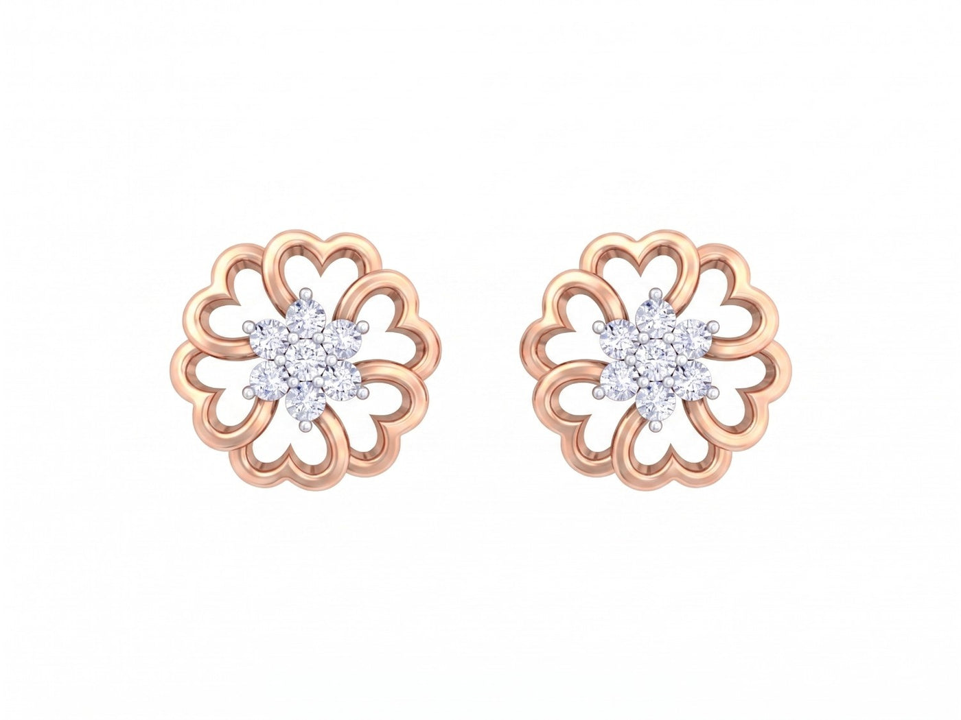 Rose gold and diamond floral earrings on a white background