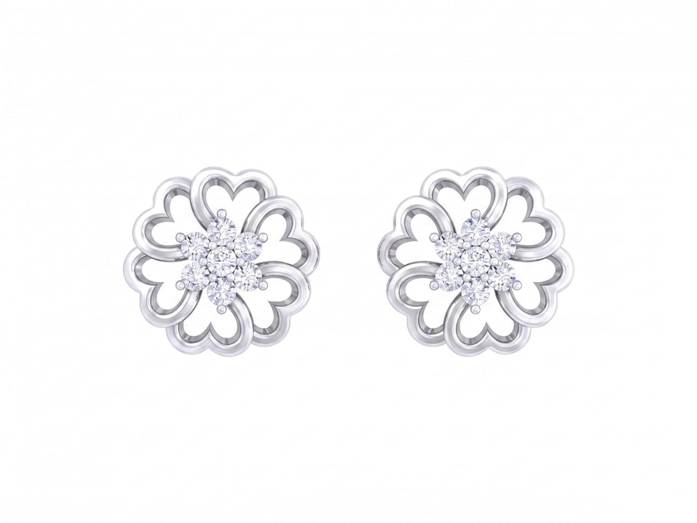 White gold and diamond floral earrings on a white background