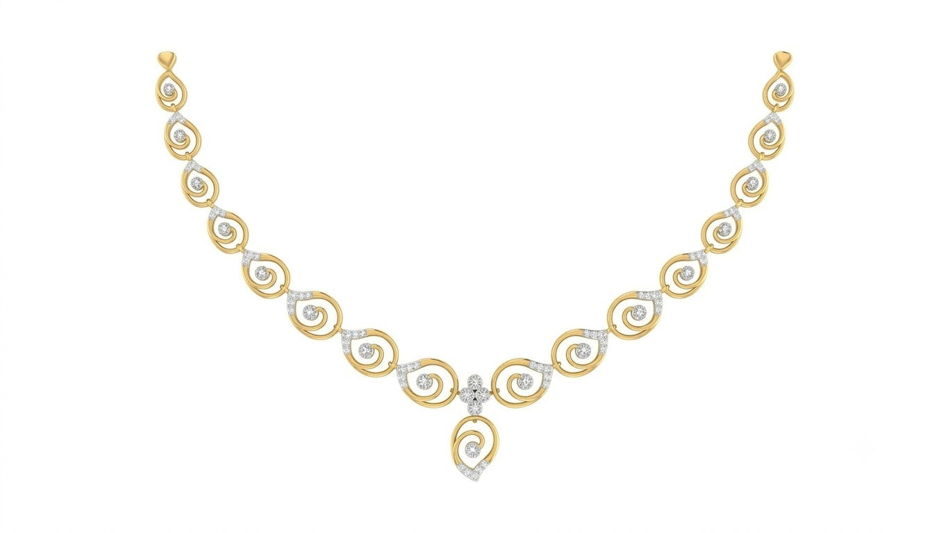 A yellow gold and diamond necklace set, displayed on a solid white background.