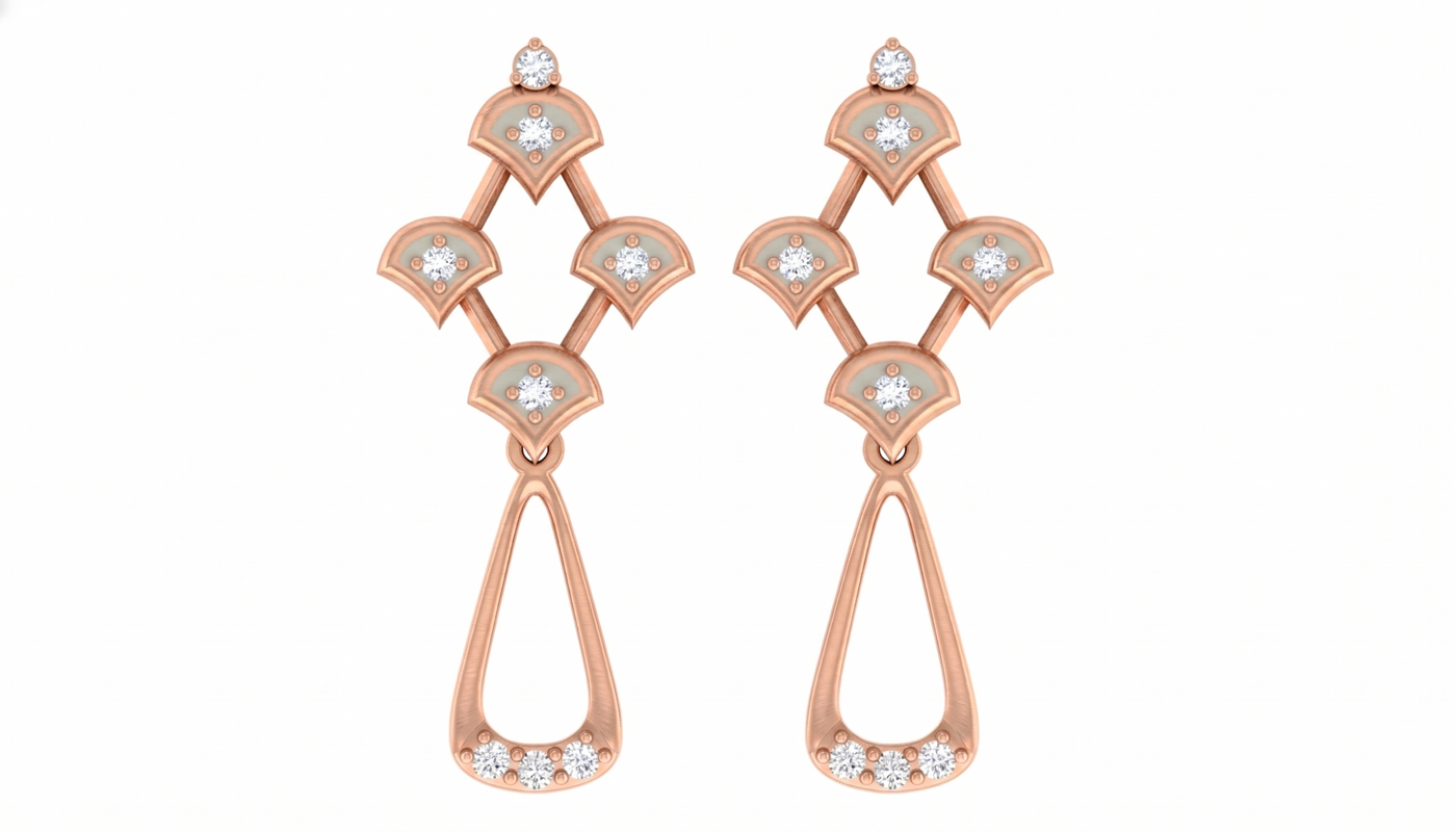 Rose gold and diamond drop earring ona white background.