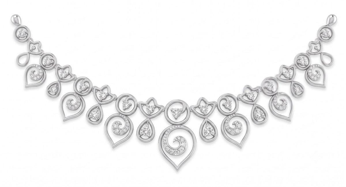 White gold necklace with diamonds on a white background.