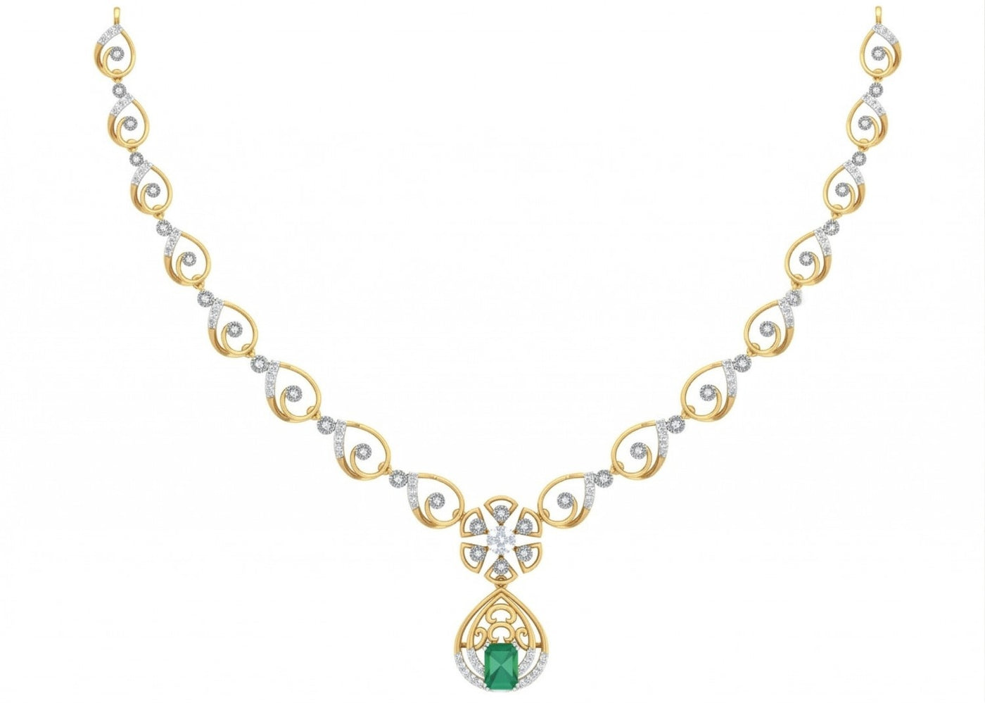 A yellow gold and diamond necklace featuring a central emerald-cut green gemstone, set against a plain white background.