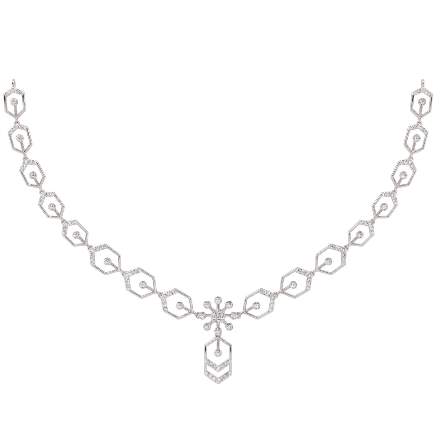 A white gold and diamond necklace with a central floral starburst motif, set against a plain white background.