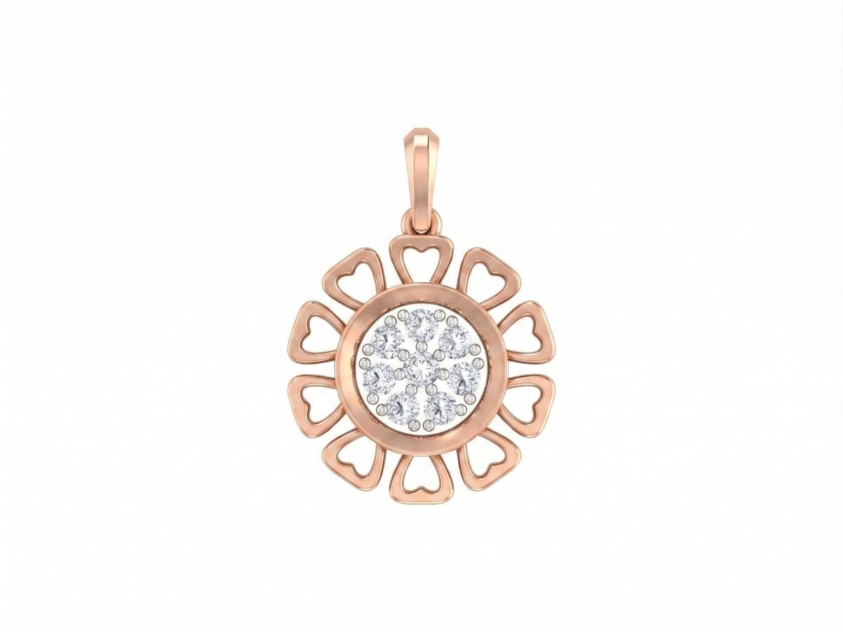 Rose gold and diamond floral pendant on white background