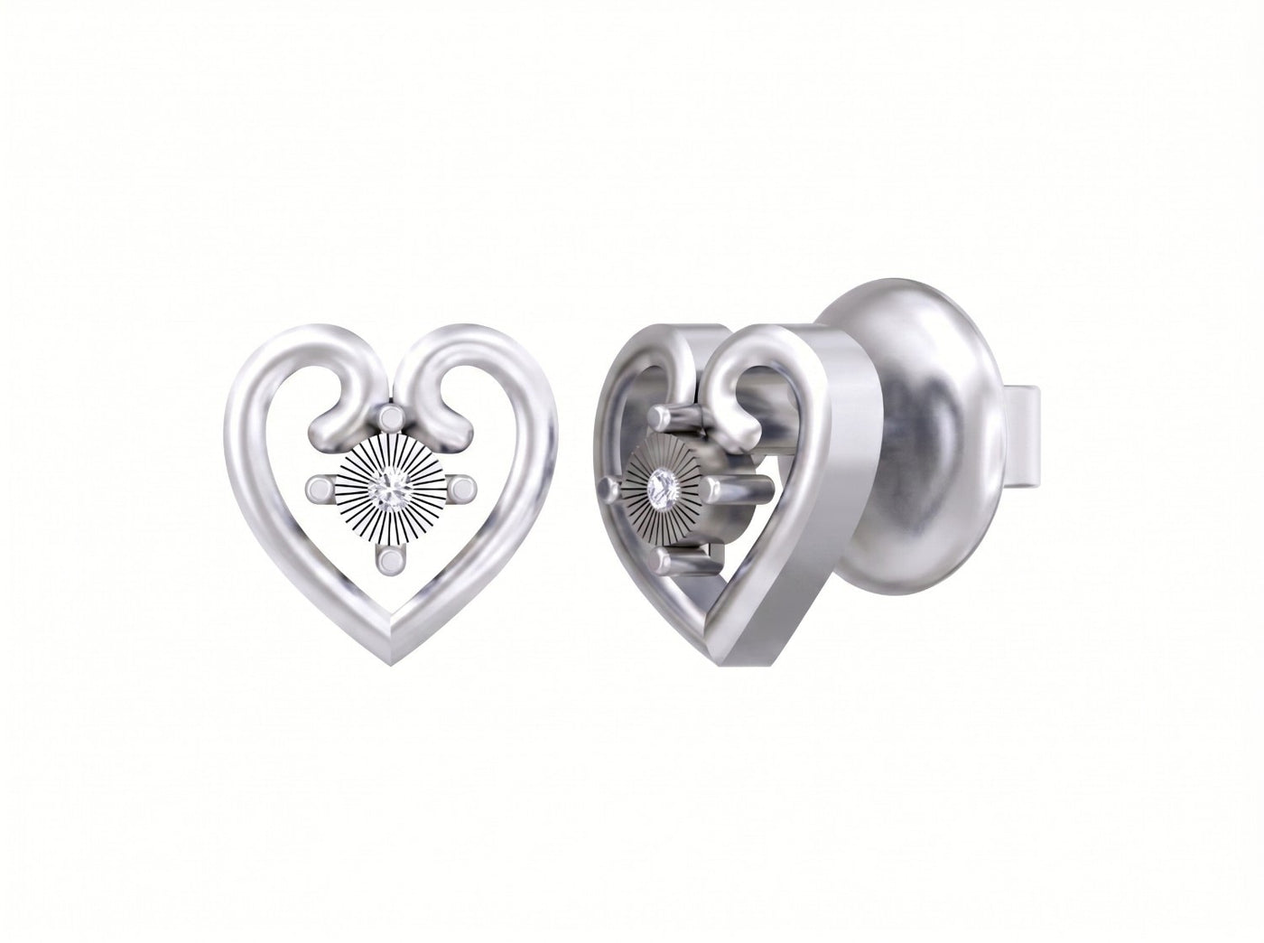 White gold and diamond heart-shaped stud earrings on a white background