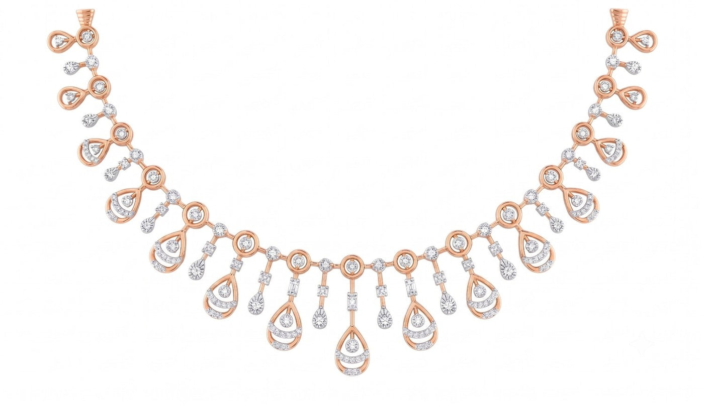 Rose gold and diamond necklace with teardrop-shaped diamond, displayed on a clean white background.