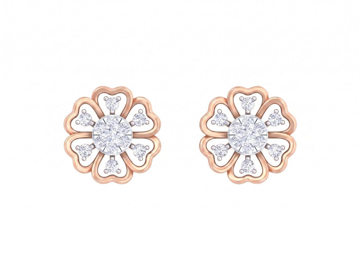 Rose gold and diamond with floral-design stud earrings on a white background.