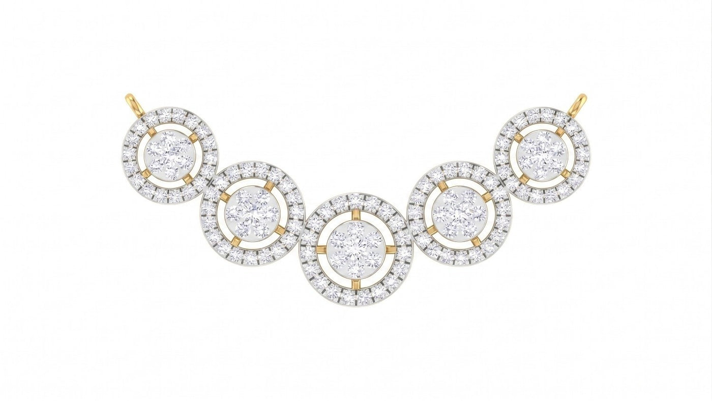 A gold and white diamond mangalsutra featuring five interconnected circular diamond clusters, displayed on a clean white background.