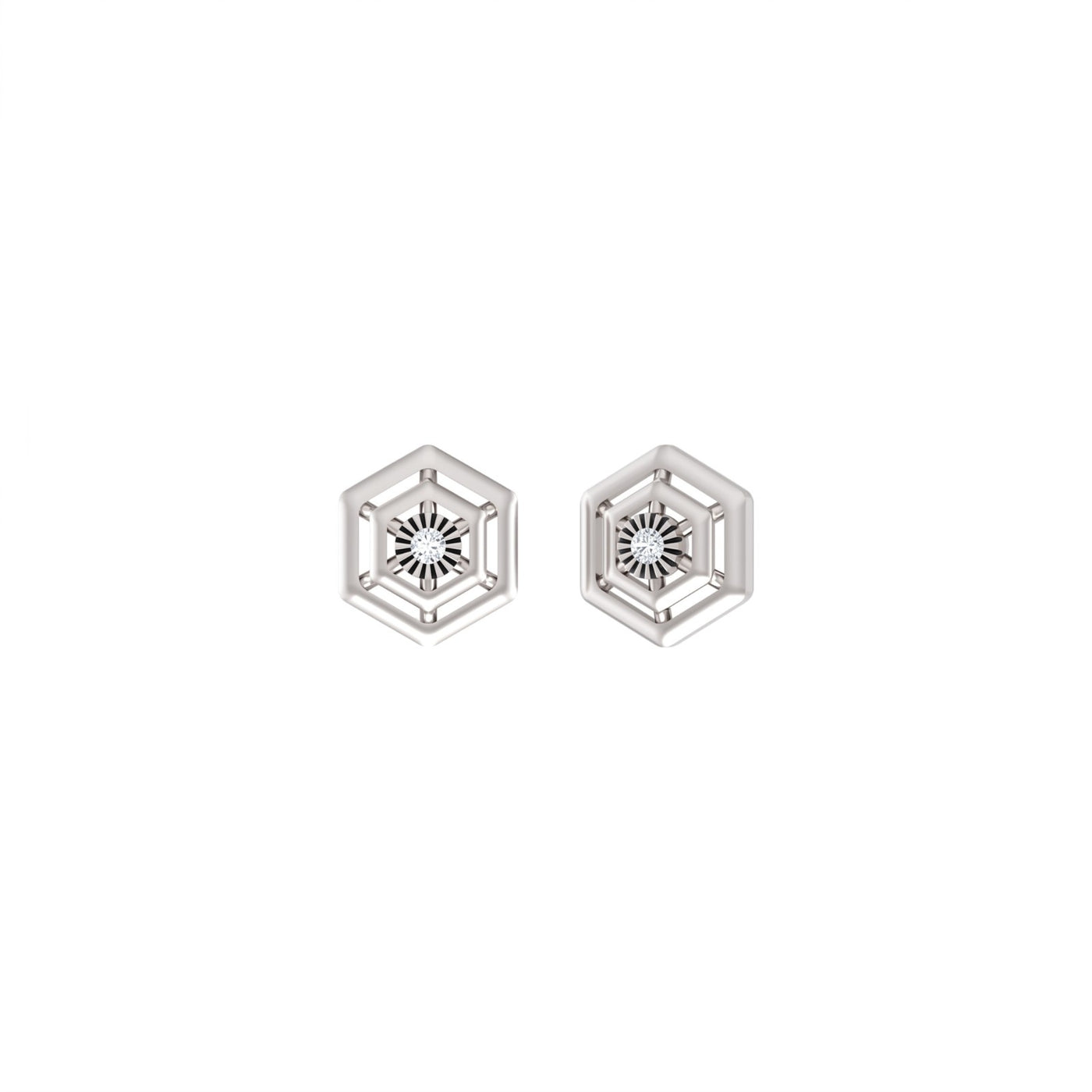 White gold and diamond Hexagon stud earring on a white background.