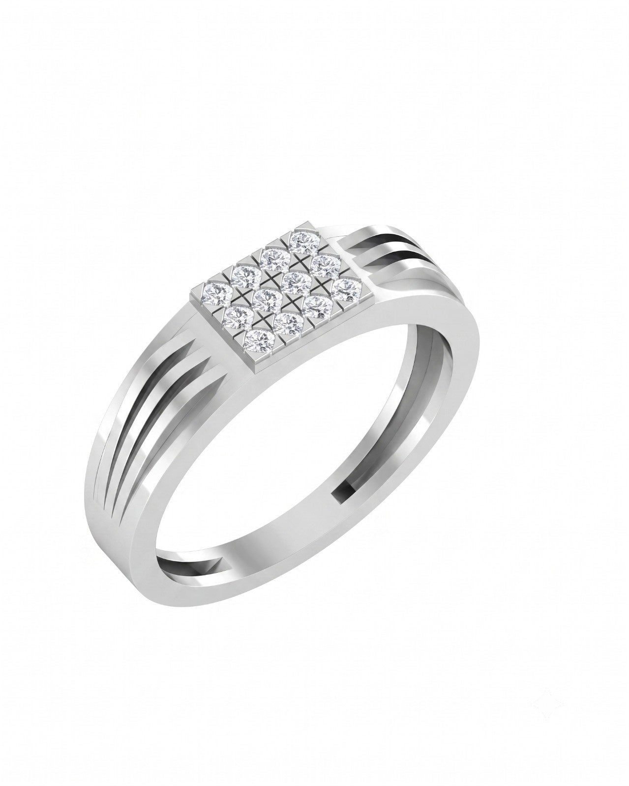 White gold ring with diamond-studded square design on a white background.