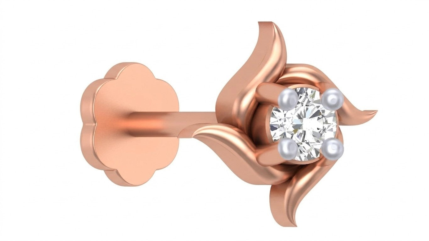 rose gold and diamond stud nose pin on a white background