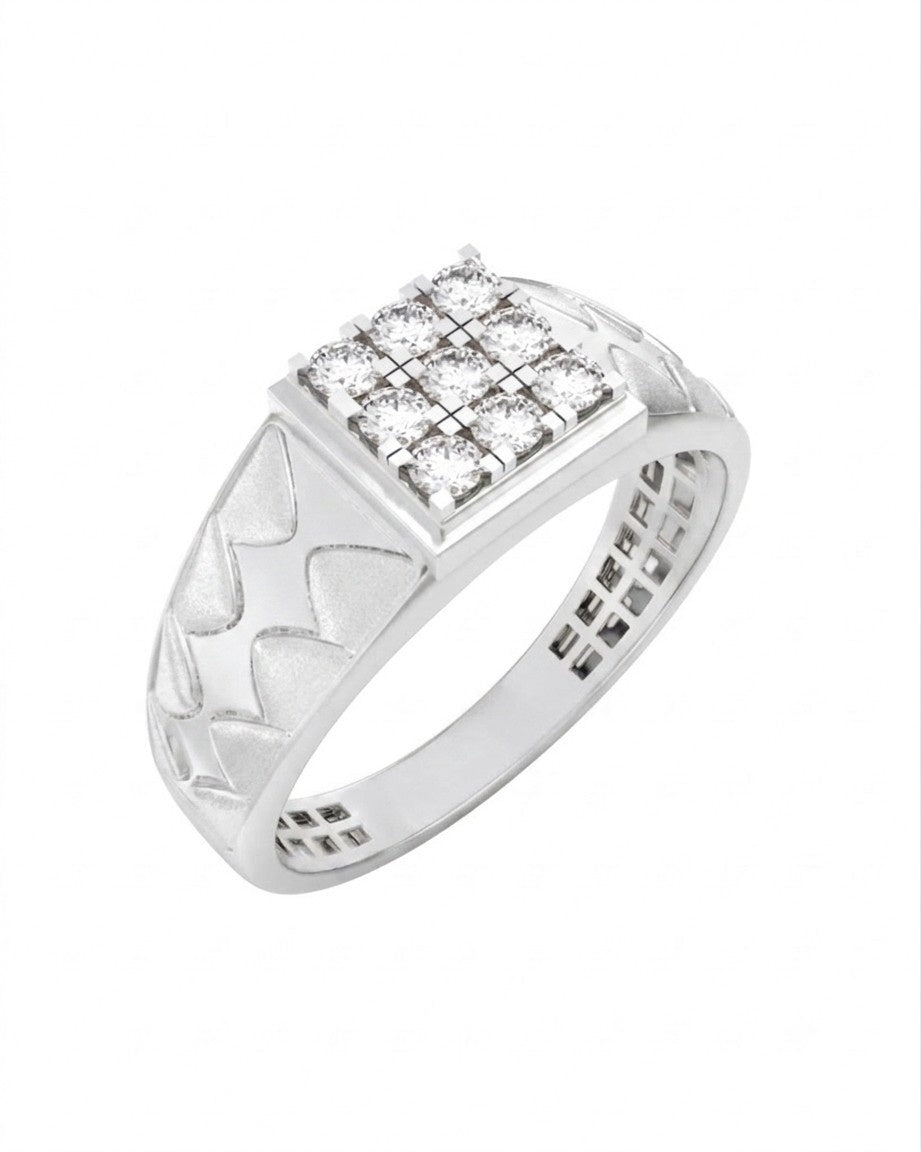 A white gold and white gold ring featuring a square cluster of clear diamonds on a white background.