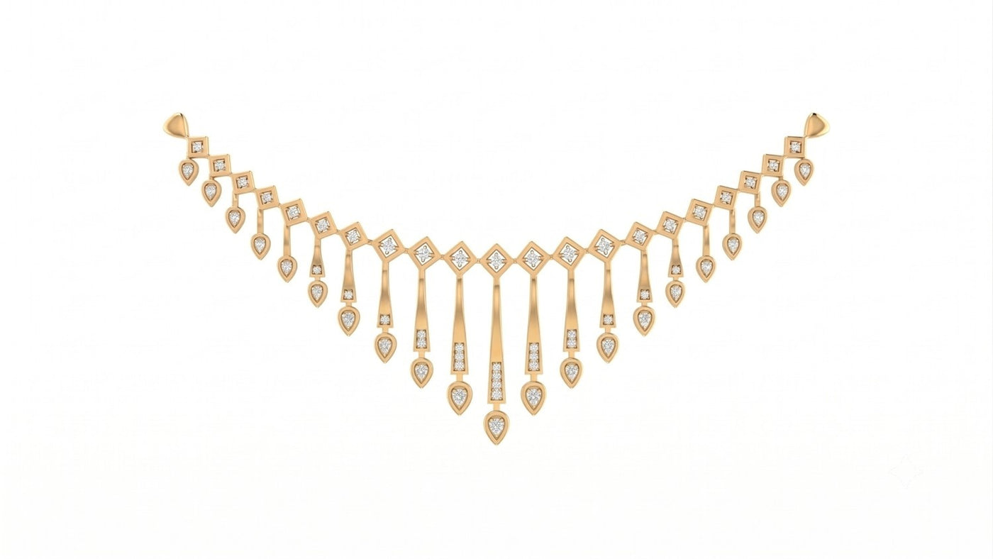 Yellow gold and diamond necklace with teardrop-shaped on a white background.