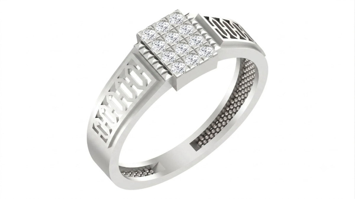 A men's signet-style ring in white gold with a square diamond cluster center, shown on a plain white background.