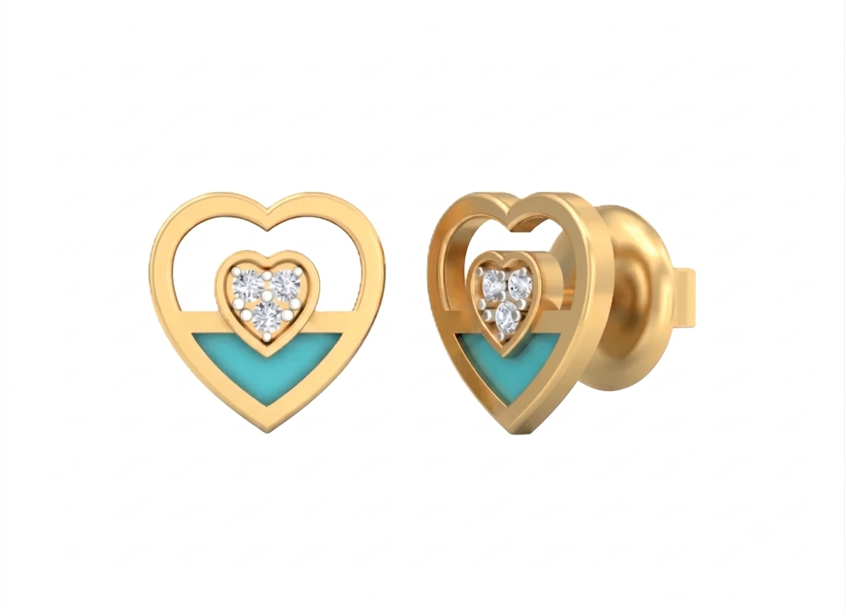 Yellow gold and diamond heart-shaped stud earrings on a white background