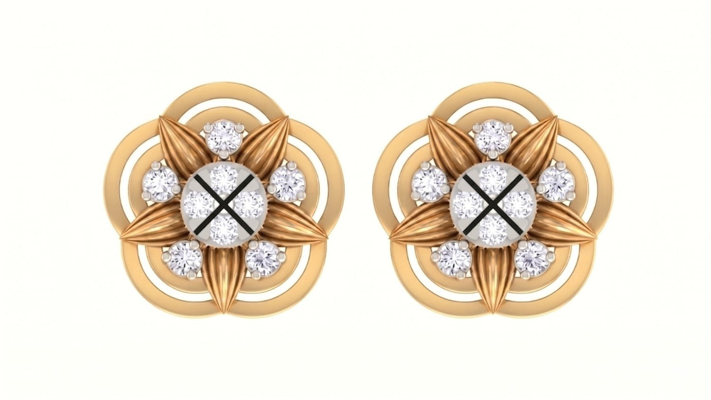  Yellow gold and diamond floral stud earrings on a white background