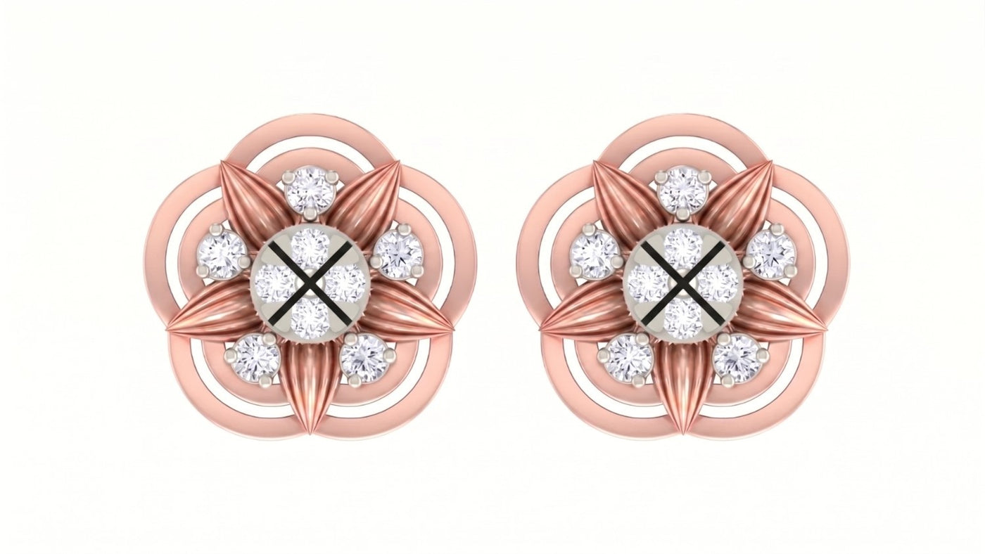 Rose gold and diamond floral stud earrings on a white background