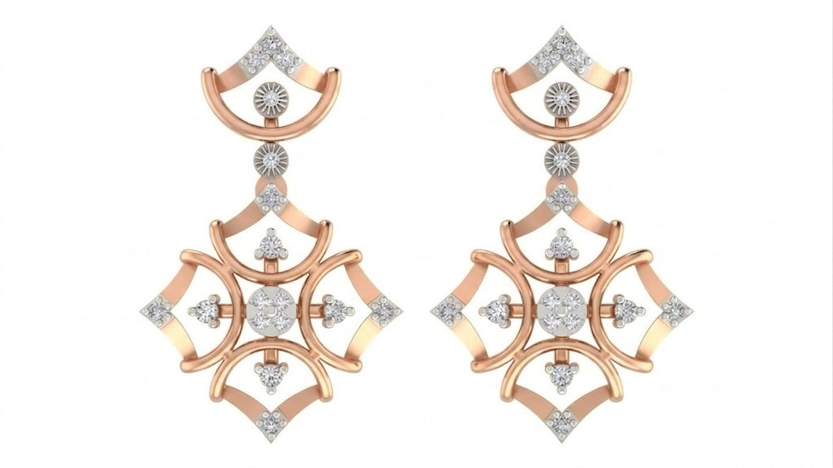 Rose gold and diamond drop earring on a white background.
