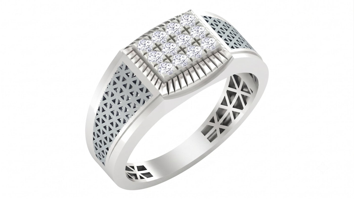 A men's white gold ring featuring a square diamond cluster, on a white background.