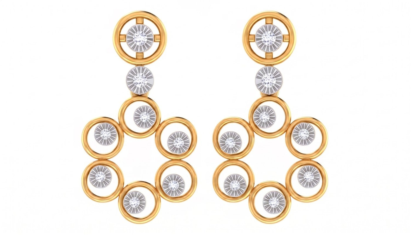 Yellow gold and diamond drop earrings on a white background.