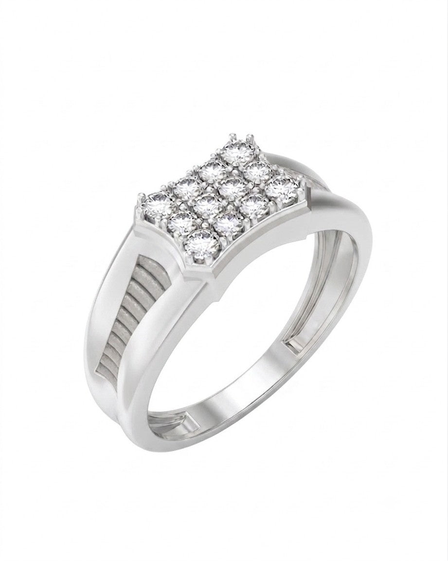 A white gold ring featuring a geometric diamond-shaped cluster of clear pavé-set stones on a white background.