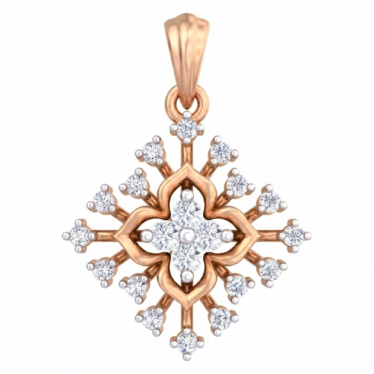 A 18K rose gold pendant featuring a snowflake design with clear round-cut diamonds. The pendant has a four-petal floral center with a small pearl accent, surrounded by multiple snowflake arms, each ending in small diamond clusters, all set on a white background.
