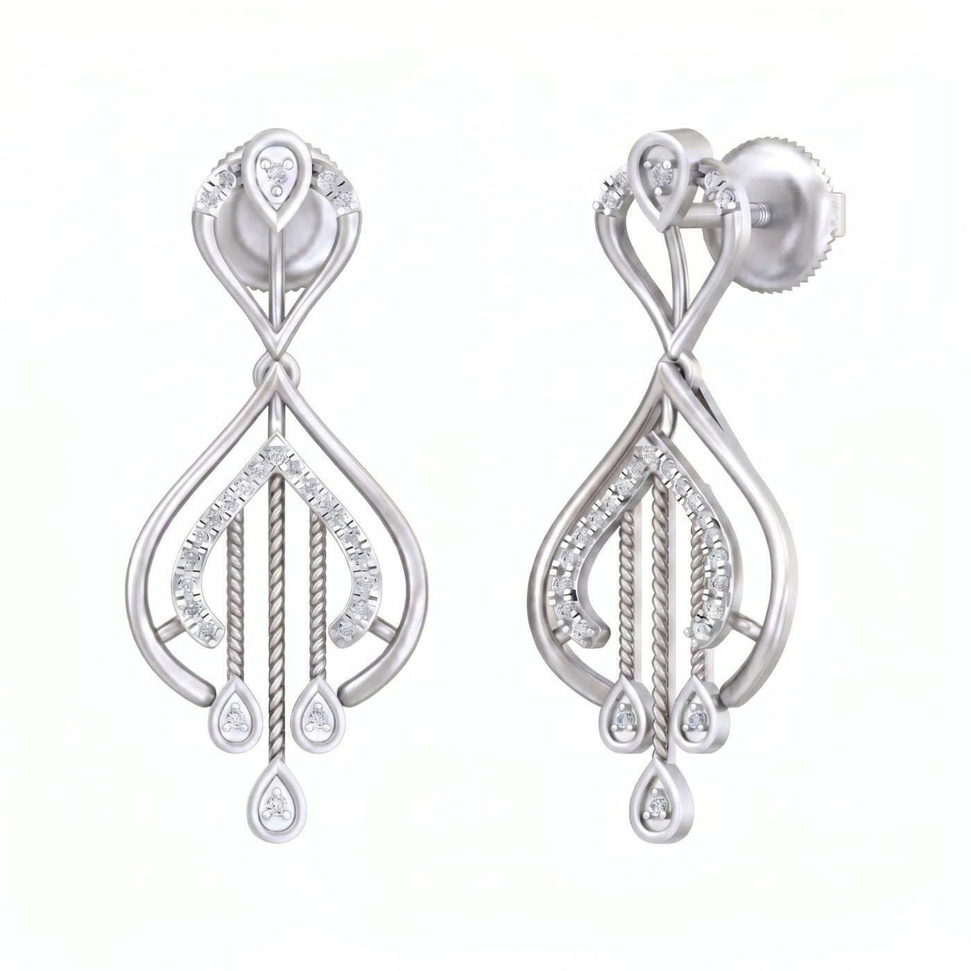 White gold earrings with diamond accents on a white background
